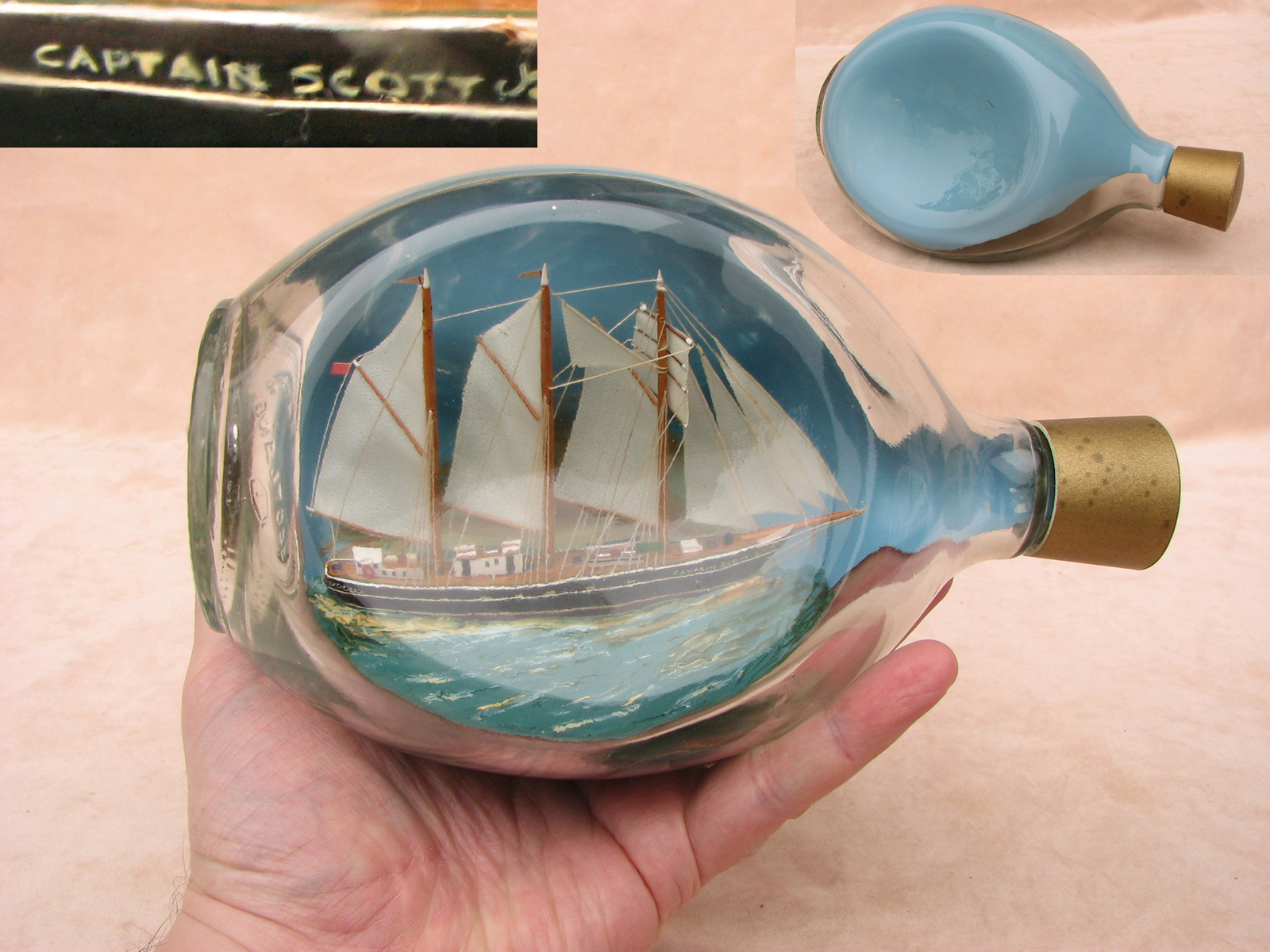 Model of the Captain Scott adventure schooner in a 1970's Haig whisky bottle